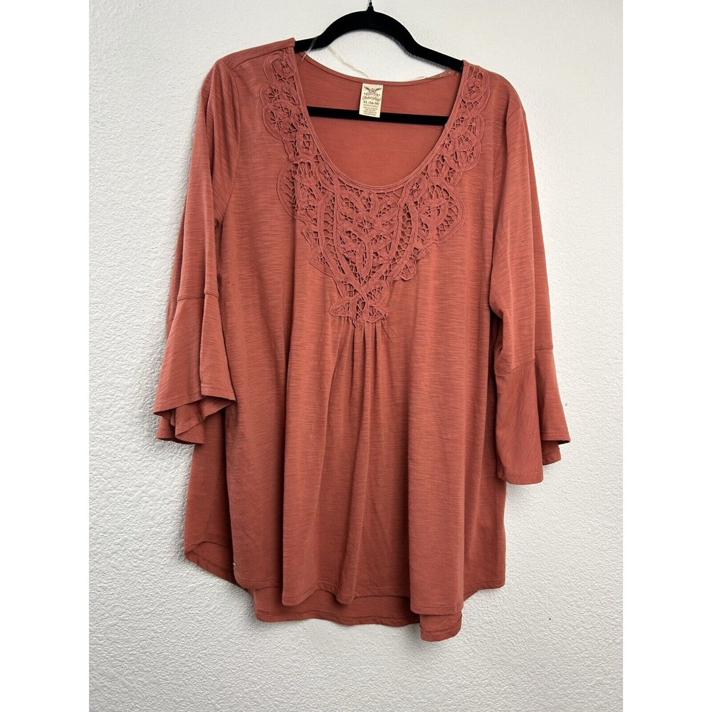 Faded Glory Womens Top Size 1X Orange Tunic Eyelet Scoop Neck Flared Sleeve Boho